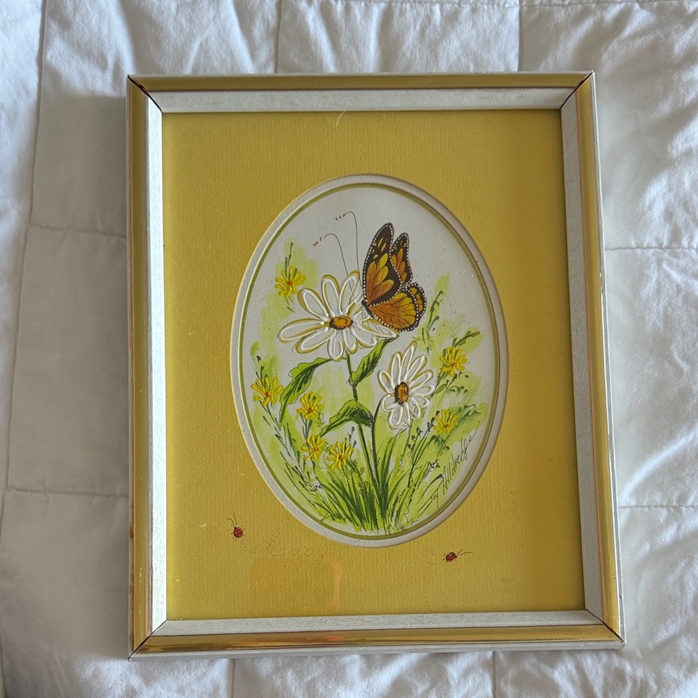 Vintage Framed Butterfly and Daisy Artwork amazing for a collector